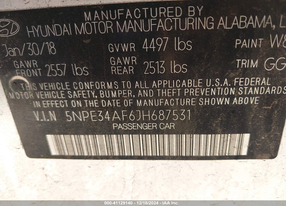 2018 HYUNDAI SONATA SEL VIN: 5NPE34AF6JH687531