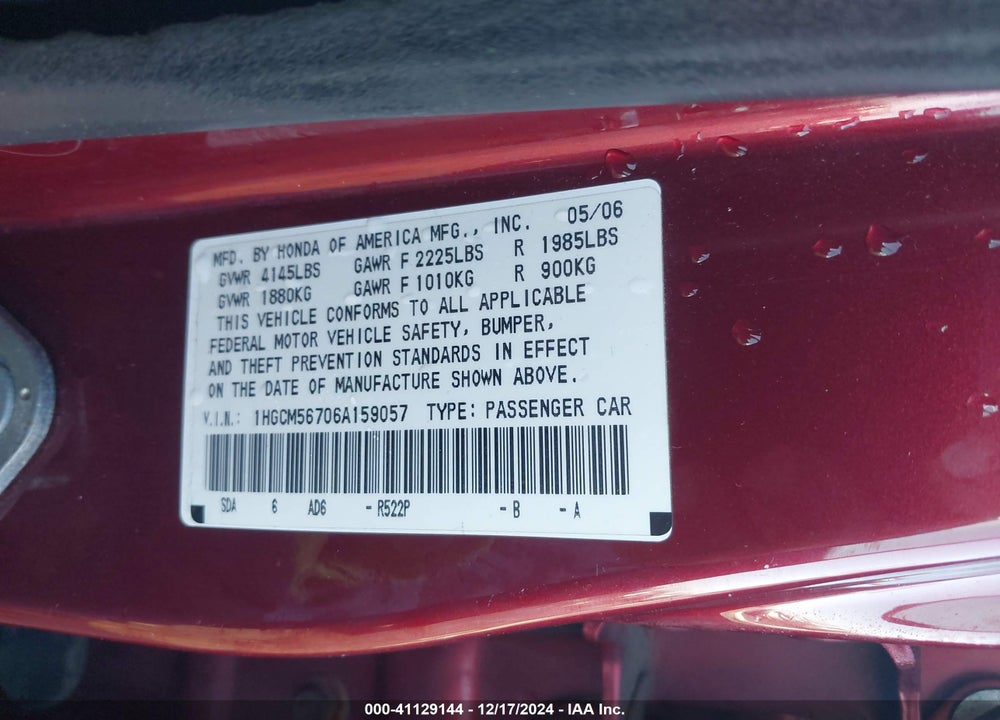 2006 HONDA ACCORD 2.4 EX VIN: 1HGCM56706A159057