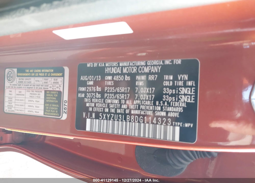 2013 HYUNDAI SANTA FE SPORT VIN: 5XYZU3LB8DG114323