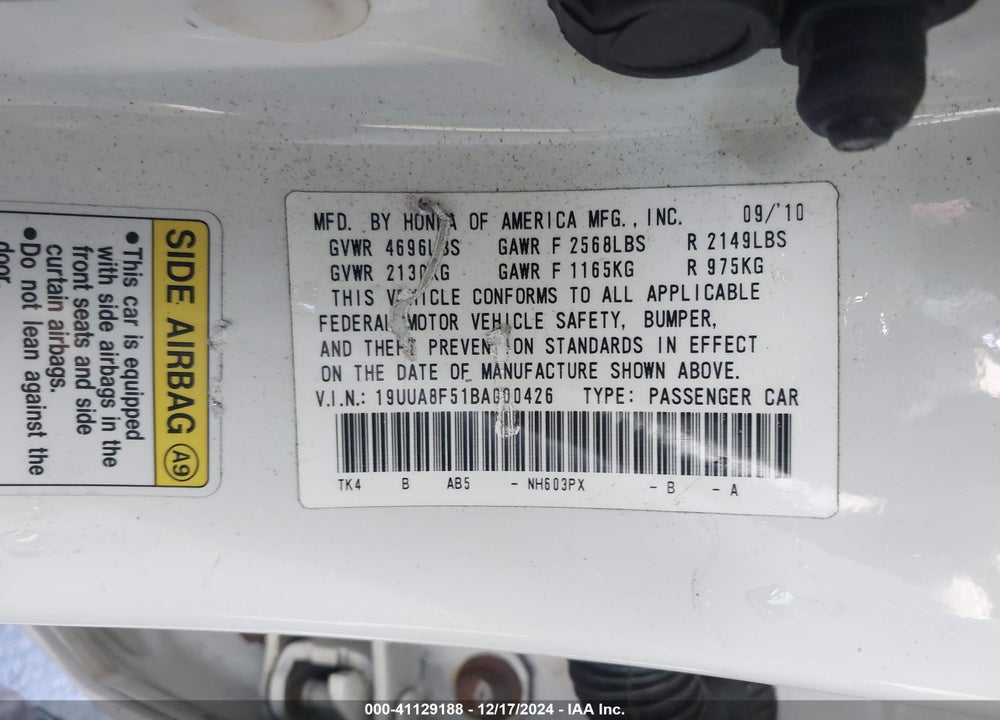 2011 ACURA TL 3.5 VIN: 19UUA8F51BA000426
