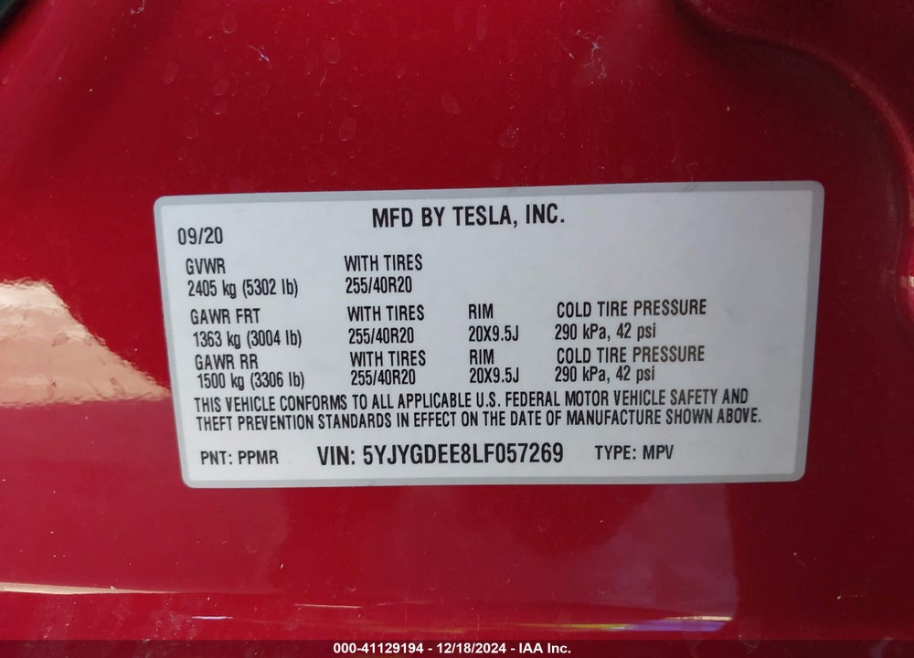 2020 TESLA MODEL Y VIN: 5YJYGDEE8LF057269
