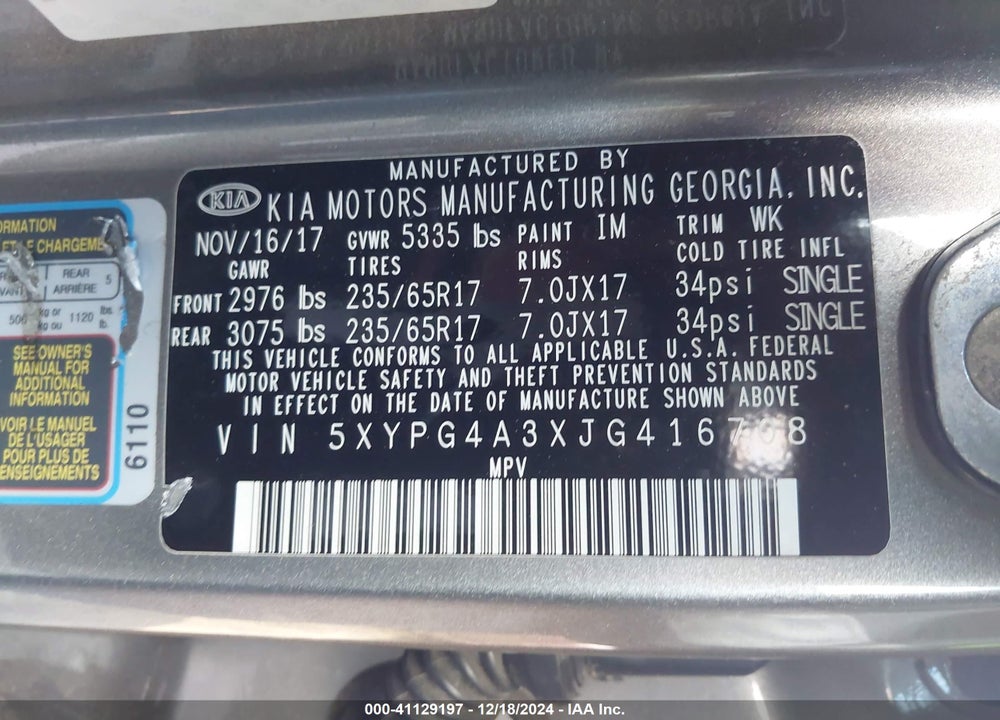 2018 KIA SORENTO 2.4L LX VIN: 5XYPG4A3XJG416708