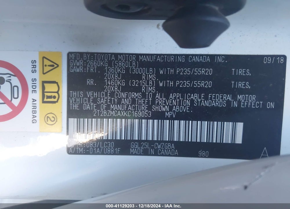2019 LEXUS RX 350 F-SPORT VIN: 2T2BZMCAXKC169053