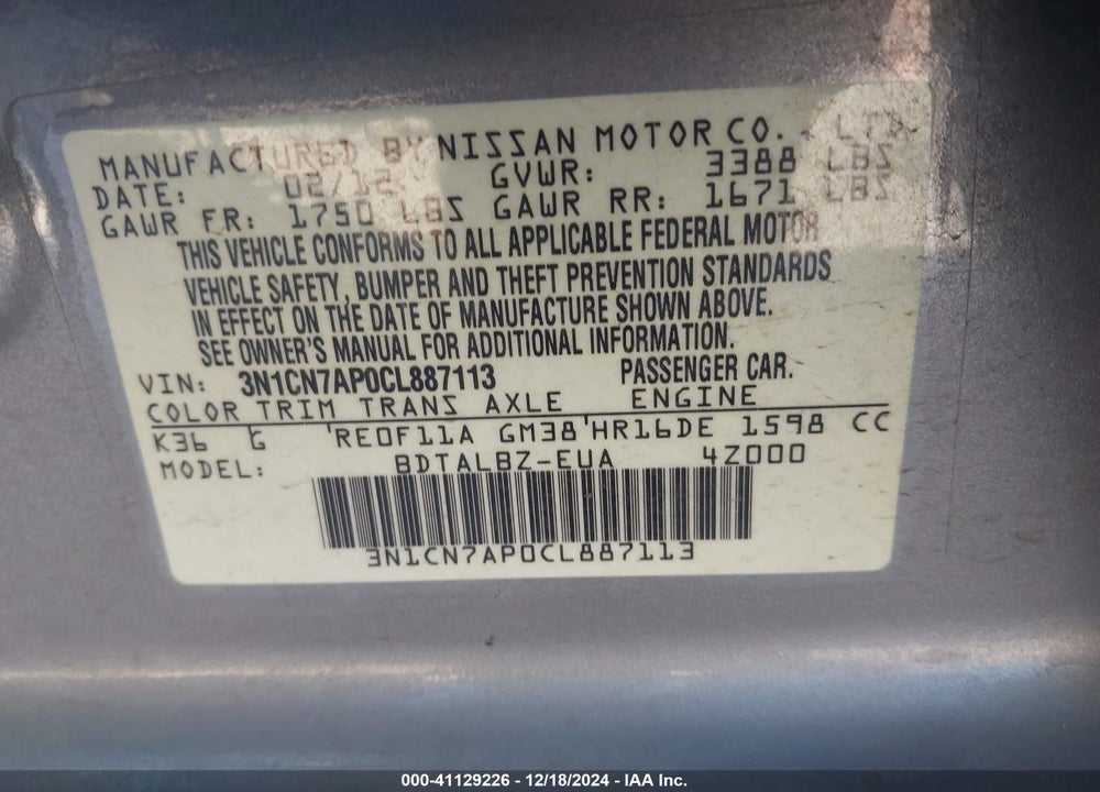 2012 NISSAN VERSA 1.6 SV VIN: 3N1CN7AP0CL887113