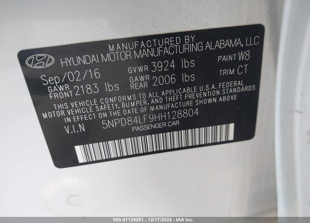 2017 HYUNDAI ELANTRA VALUE EDITION VIN: 5NPD84LF9HH128804