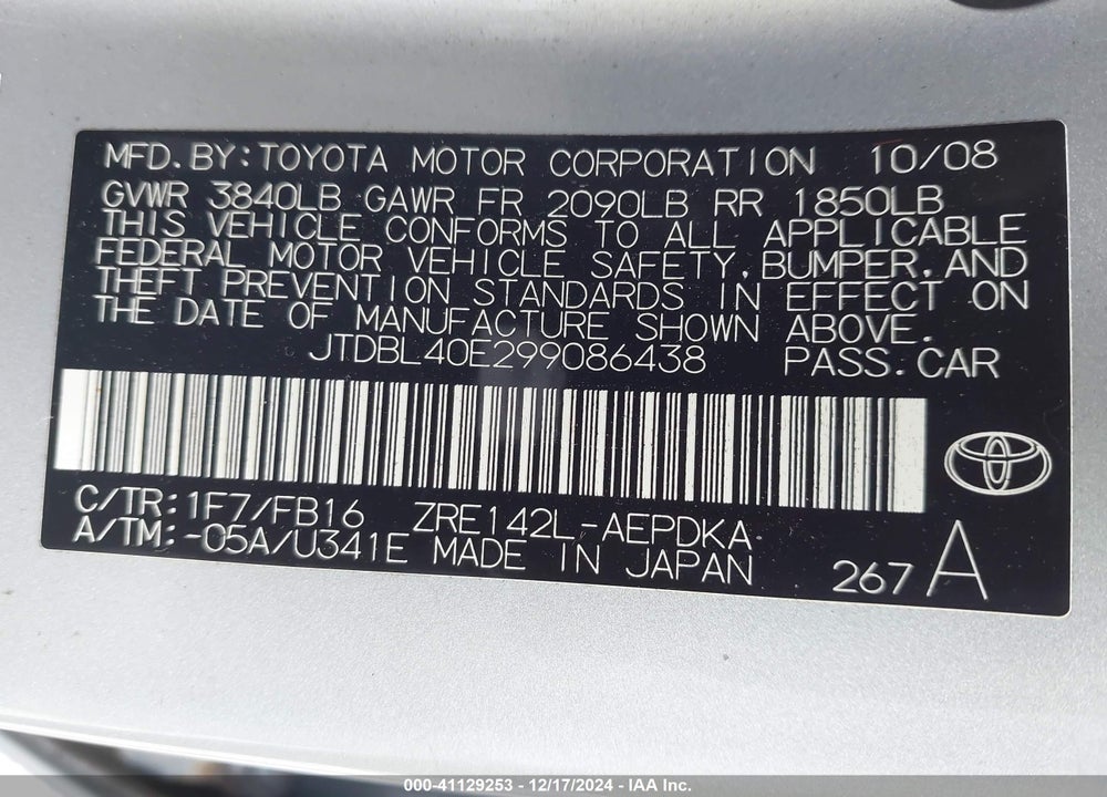 2009 TOYOTA COROLLA VIN: JTDBL40E299086438