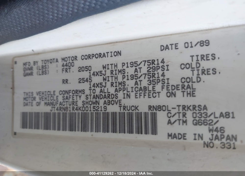 1989 TOYOTA PICKUP 1/2 TON SHORT WHEELBASE VIN: JT4RN81R4K0015219