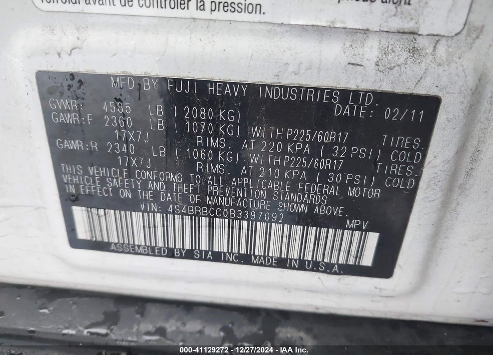 2011 SUBARU OUTBACK 2.5I PREMIUM VIN: 4S4BRBCC0B3397092