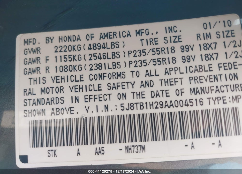 2010 ACURA RDX VIN: 5J8TB1H29AA004516