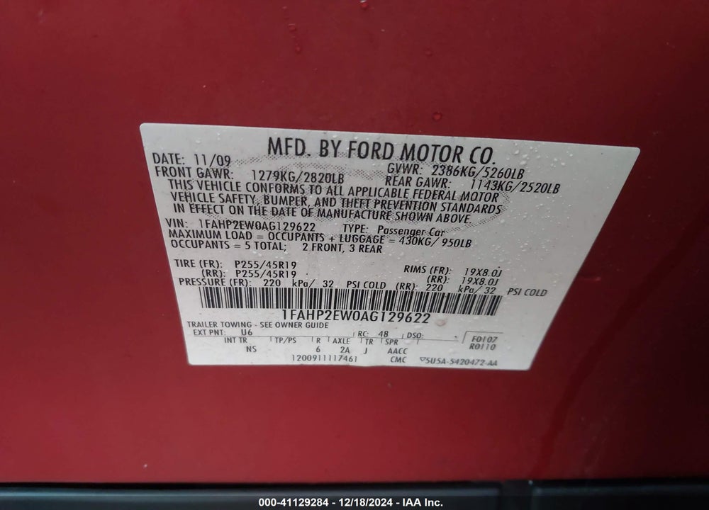 2010 FORD TAURUS SEL VIN: 1FAHP2EW0AG129622