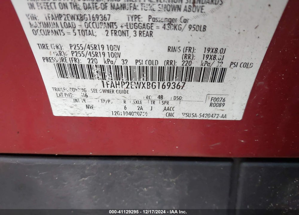 2011 FORD TAURUS SEL VIN: 1FAHP2EWXBG169367