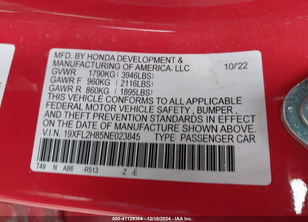 2022 HONDA CIVIC VIN: 19XFL2H85NE023845