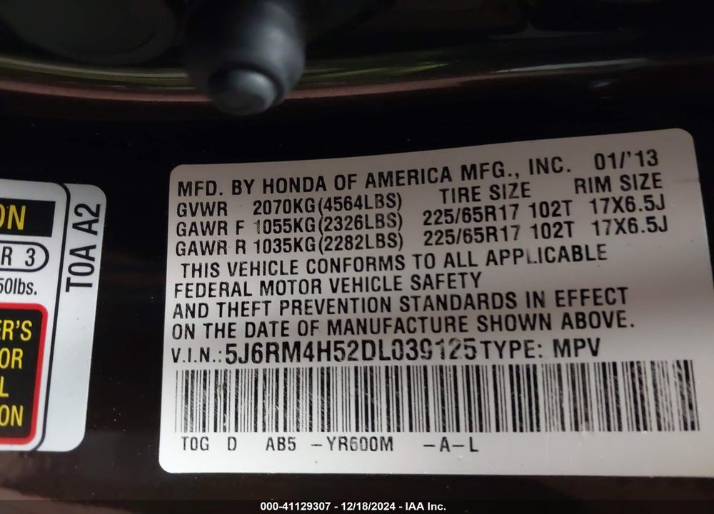 2013 HONDA CR-V EX VIN: 5J6RM4H52DL039125