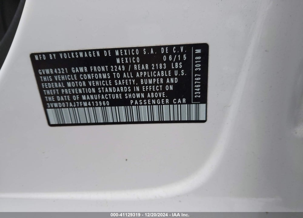 2015 VOLKSWAGEN JETTA 1.8T SE VIN: 3VWD07AJ7FM413960