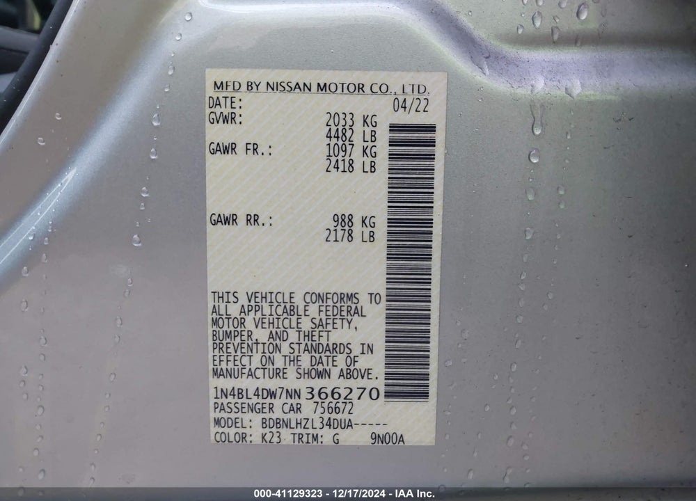 2022 NISSAN ALTIMA SV INTELLIGENT AWD VIN: 1N4BL4DW7NN366270