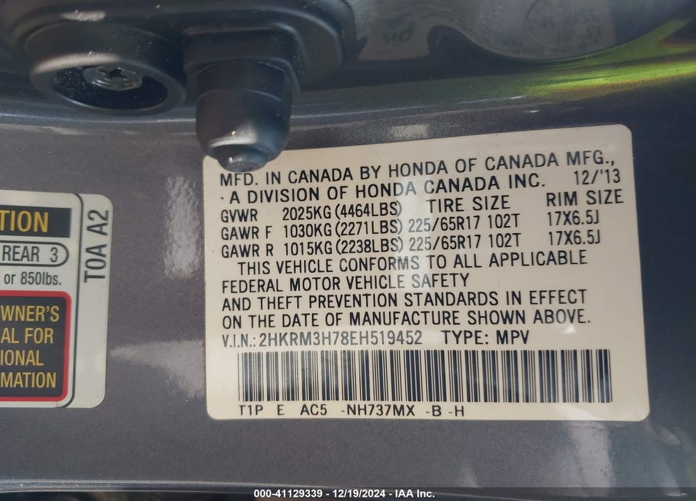 2014 HONDA CR-V EX-L VIN: 2HKRM3H78EH519452