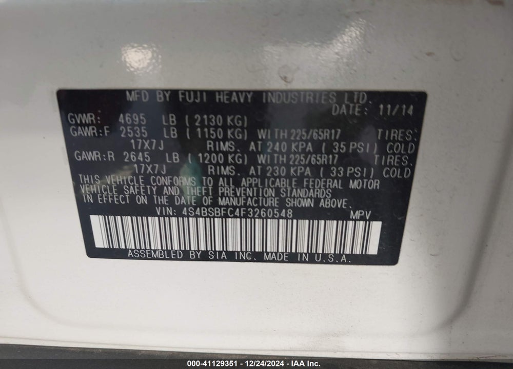 2015 SUBARU OUTBACK 2.5I PREMIUM VIN: 4S4BSBFC4F3260548