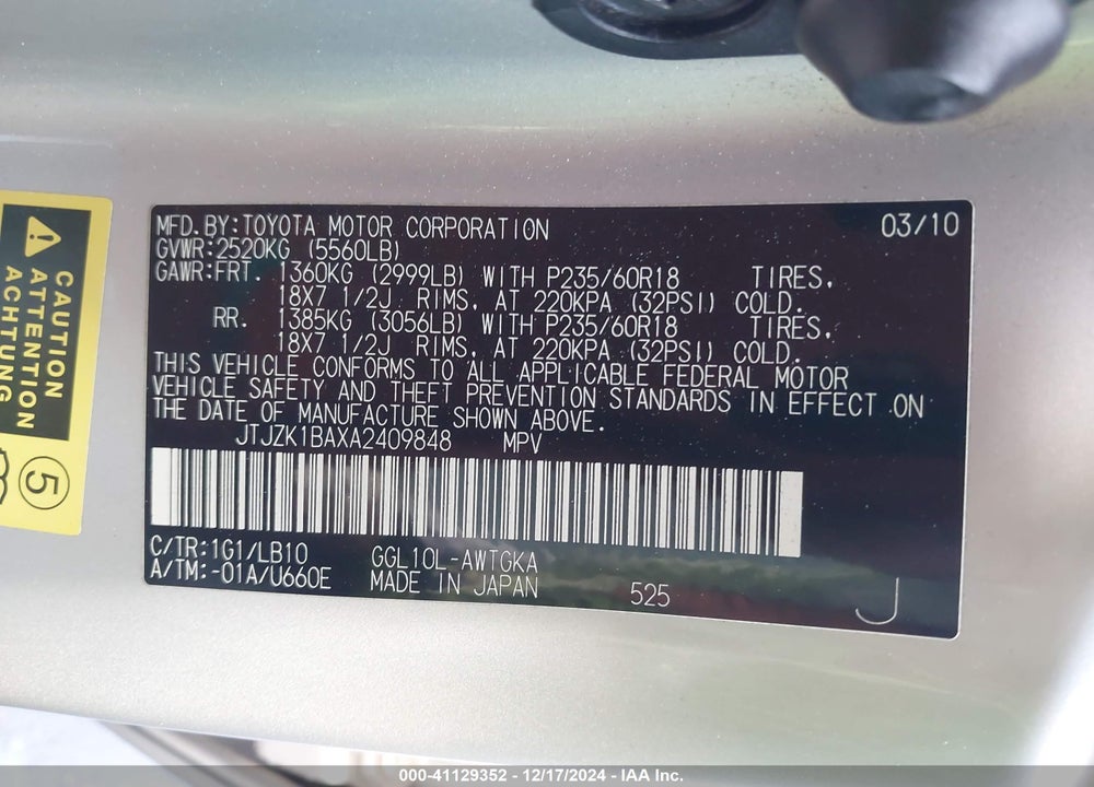 2010 LEXUS RX 350 VIN: JTJZK1BAXA2409848
