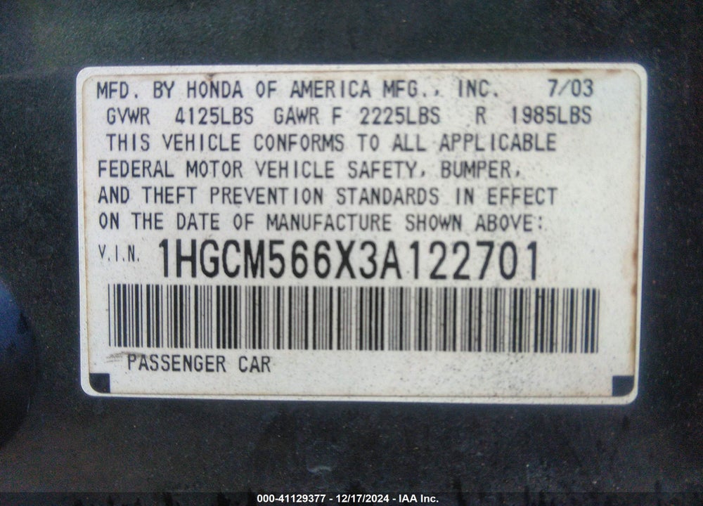 2003 HONDA ACCORD 2.4 EX VIN: 1HGCM566X3A122701