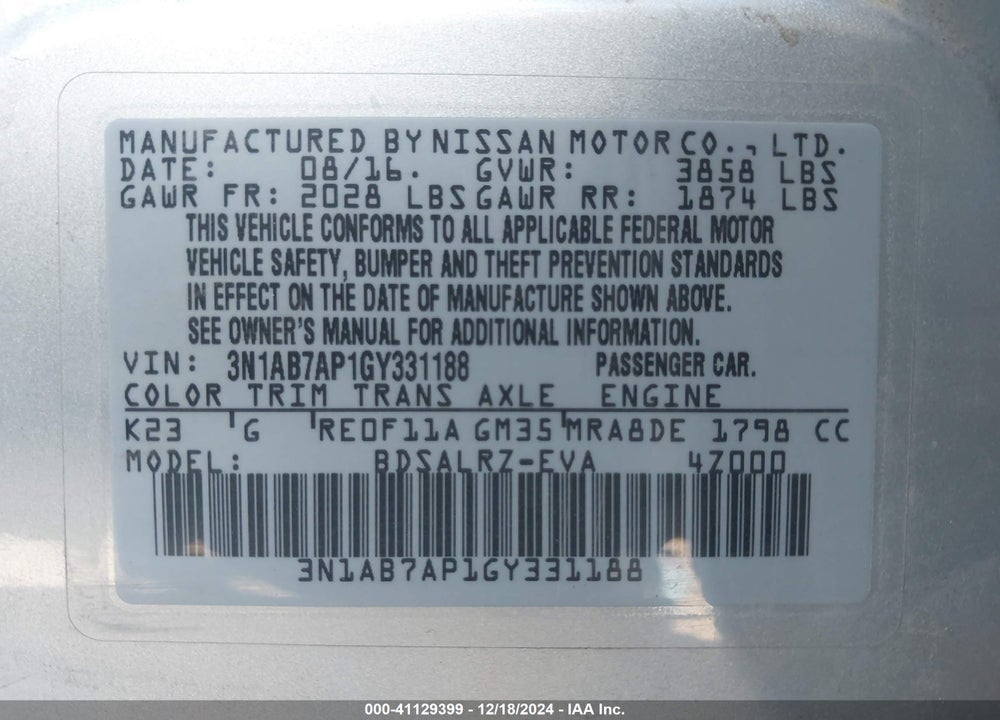 2016 NISSAN SENTRA SR VIN: 3N1AB7AP1GY331188