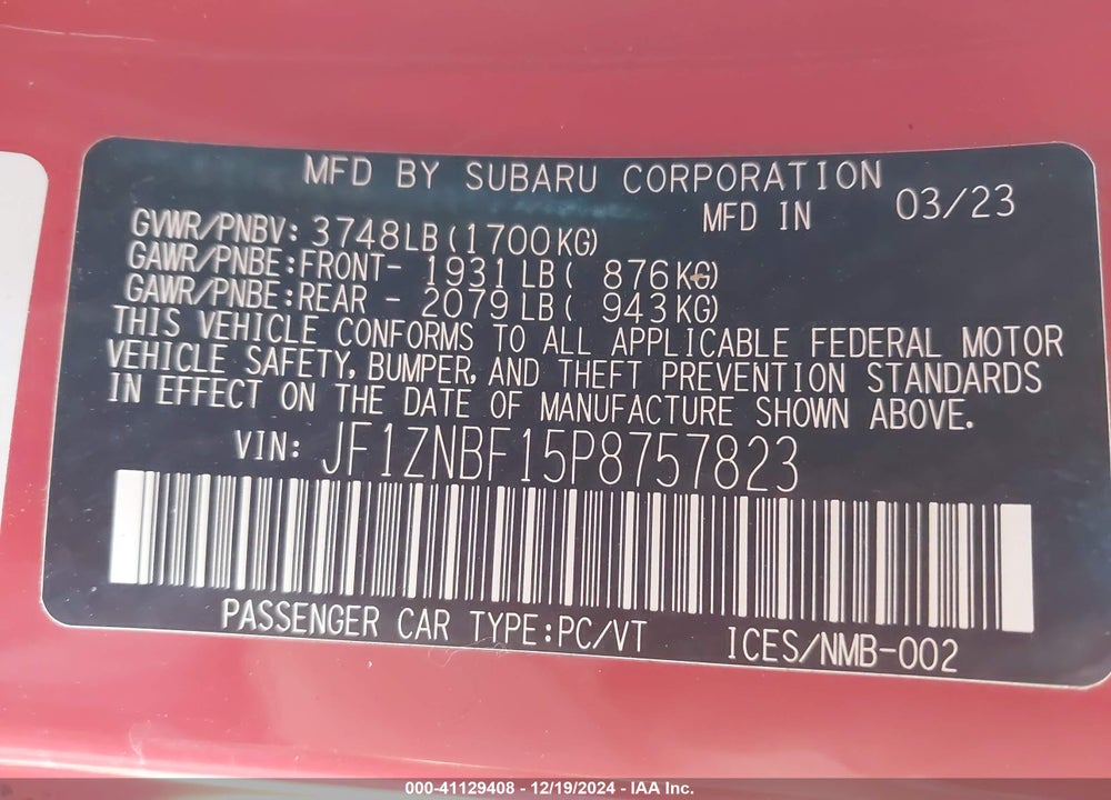 2023 TOYOTA GR86 VIN: JF1ZNBF15P8757823