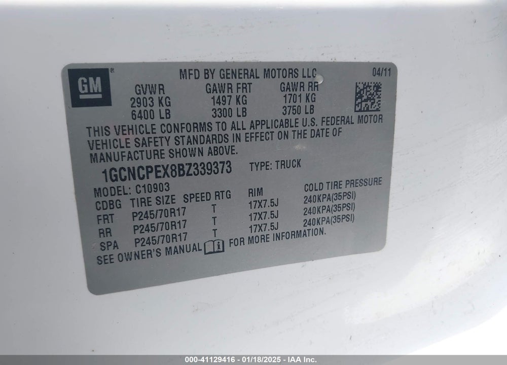 2011 CHEVROLET SILVERADO 1500 WORK TRUCK VIN: 1GCNCPEX8BZ339373
