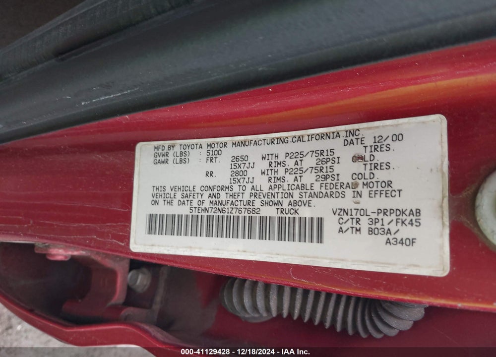 2001 TOYOTA TACOMA BASE V6 VIN: 5TEHN72N61Z767682