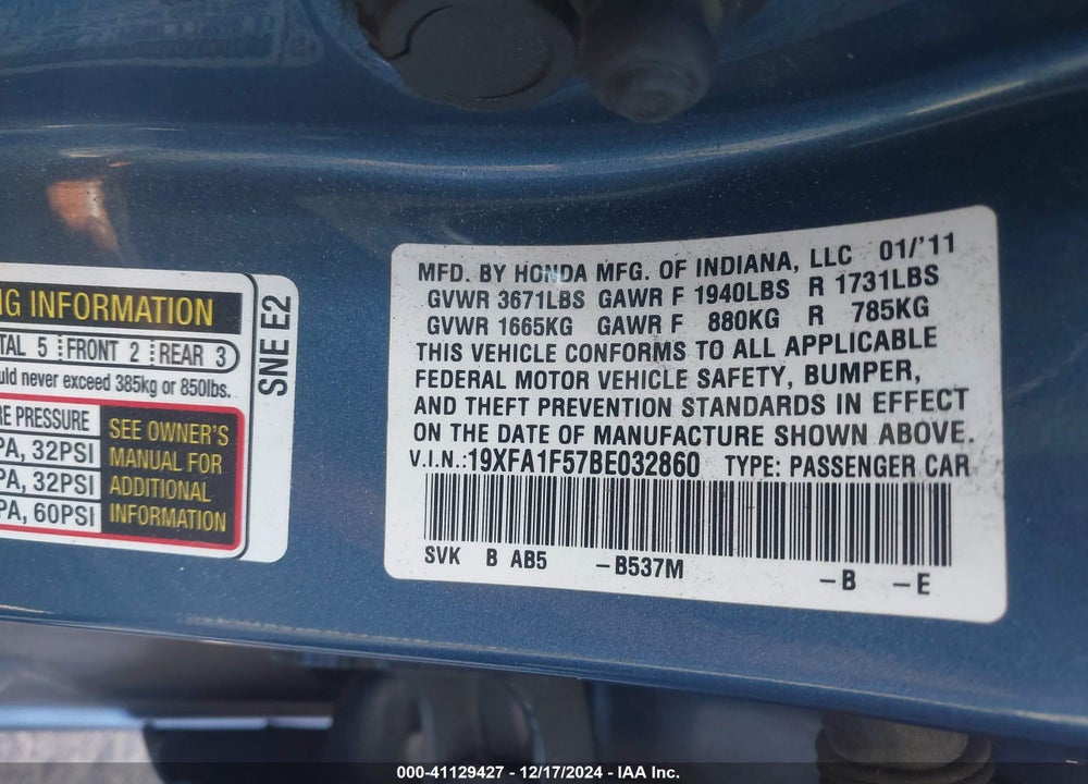 2011 HONDA CIVIC LX VIN: 19XFA1F57BE032860