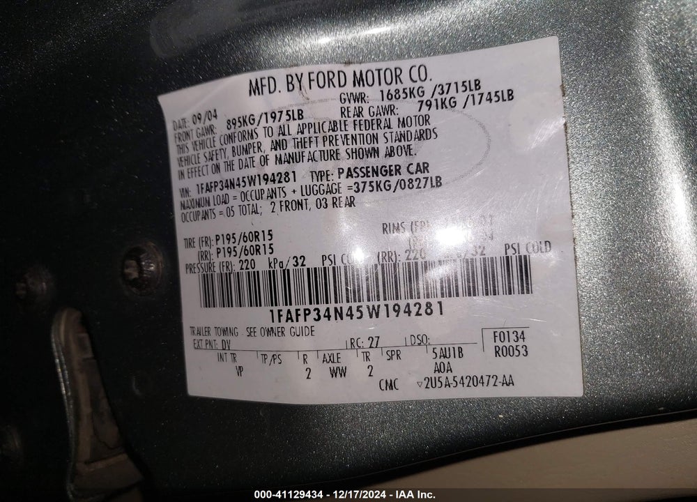 2005 FORD FOCUS ZX4 VIN: 1FAFP34N45W194281