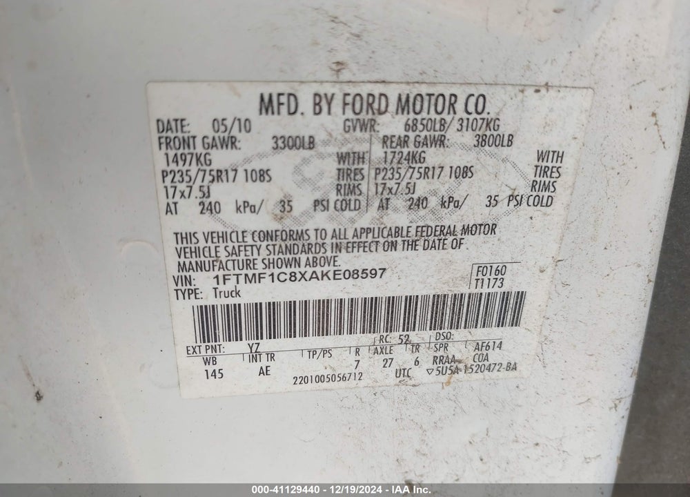 2010 FORD F-150 XL/XLT VIN: 1FTMF1C8XAKE08597