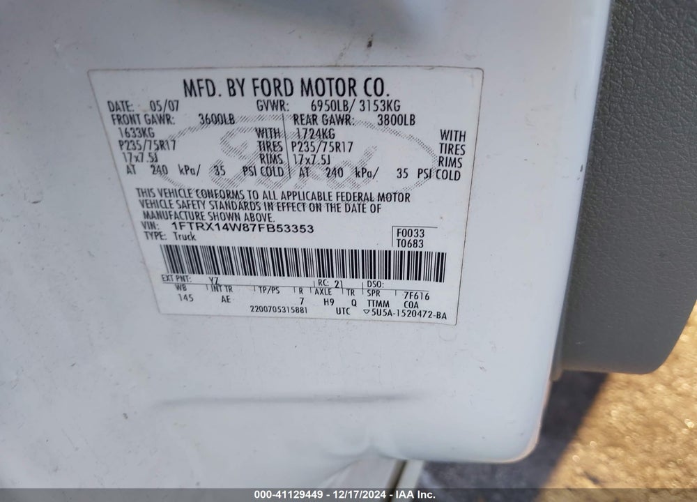 2007 FORD F-150 FX4/STX/XL/XLT VIN: 1FTRX14W87FB53353