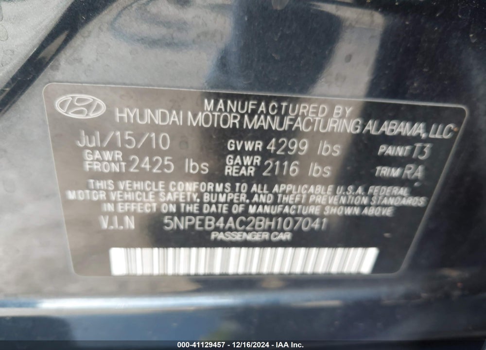 2011 HYUNDAI SONATA GLS VIN: 5NPEB4AC2BH107041