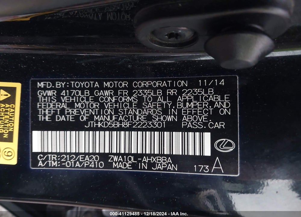 2015 LEXUS CT 200H VIN: JTHKD5BH8F2223301