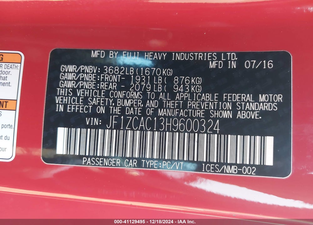 2017 SUBARU BRZ LIMITED VIN: JF1ZCAC13H9600324