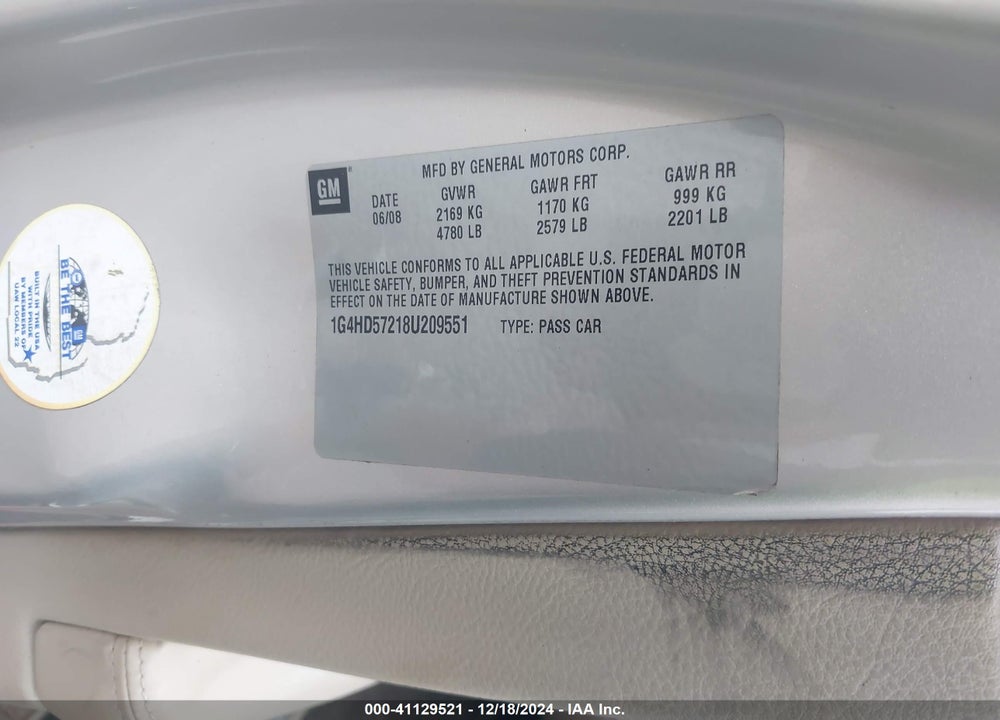 2008 BUICK LUCERNE CXL VIN: 1G4HD57218U209551