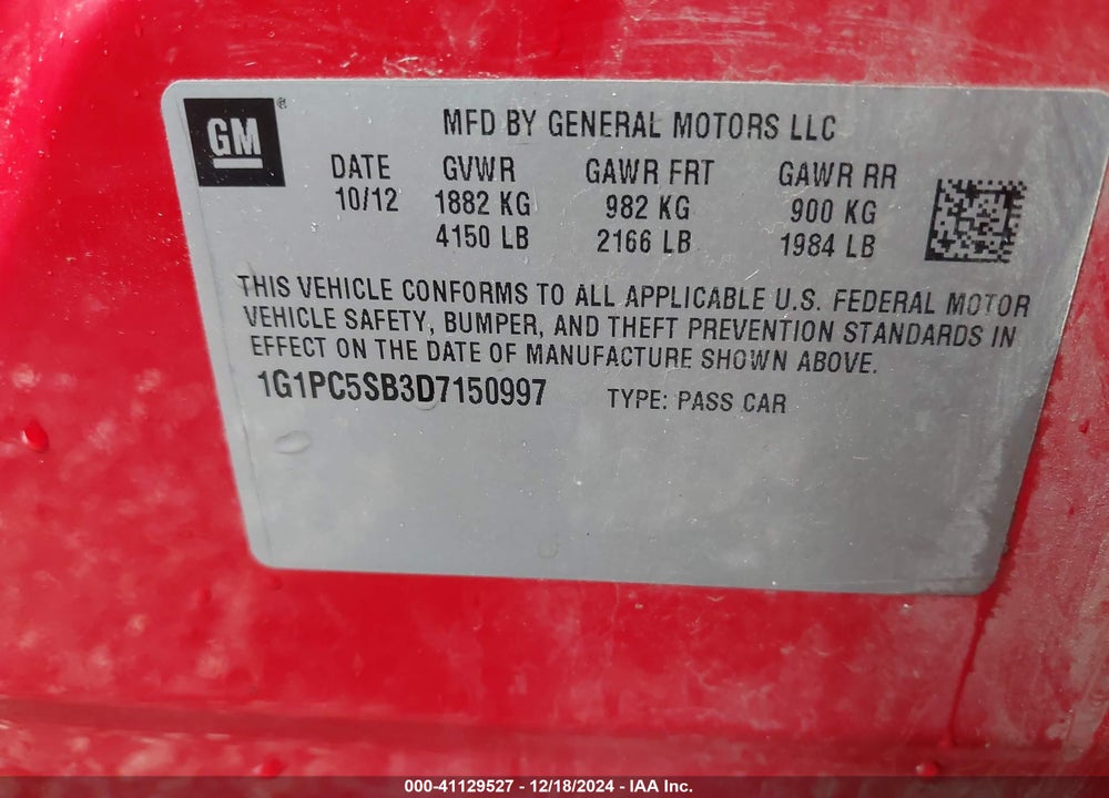 2013 CHEVROLET CRUZE 1LT AUTO VIN: 1G1PC5SB3D7150997