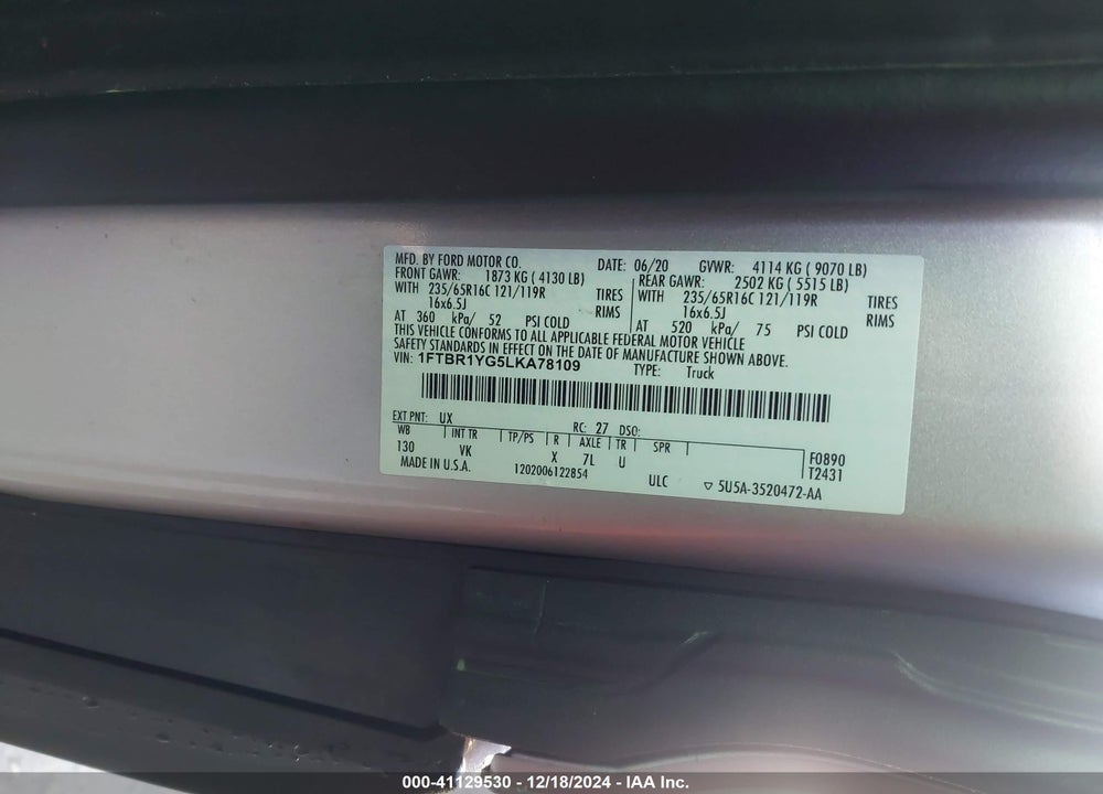 2020 FORD TRANSIT-250 VIN: 1FTBR1YG5LKA78109