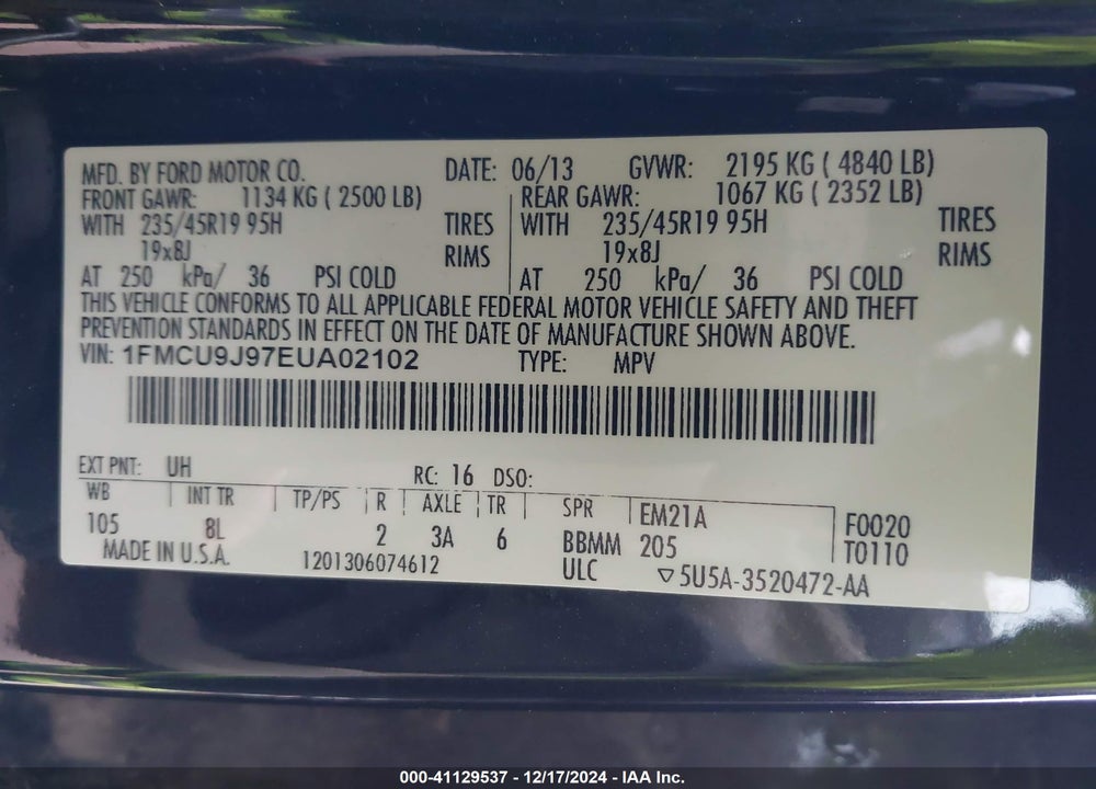 2014 FORD ESCAPE TITANIUM VIN: 1FMCU9J97EUA02102
