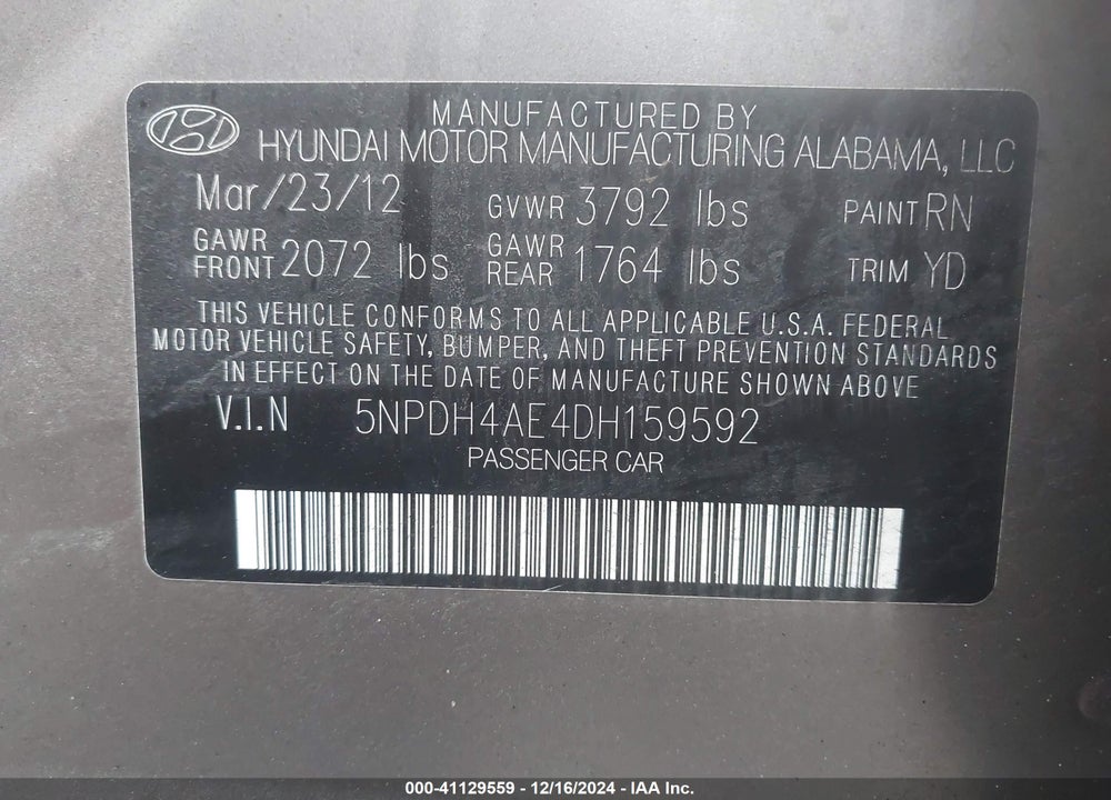 2013 HYUNDAI ELANTRA GLS VIN: 5NPDH4AE4DH159592