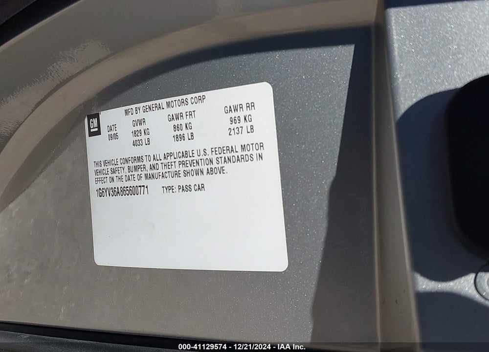 2006 CADILLAC XLR STANDARD VIN: 1G6YV36A865600771