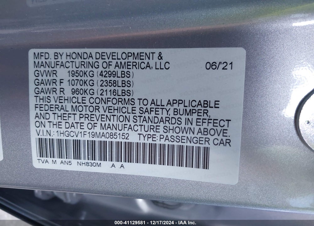 2021 HONDA ACCORD VIN: 1HGCV1F19MA085152