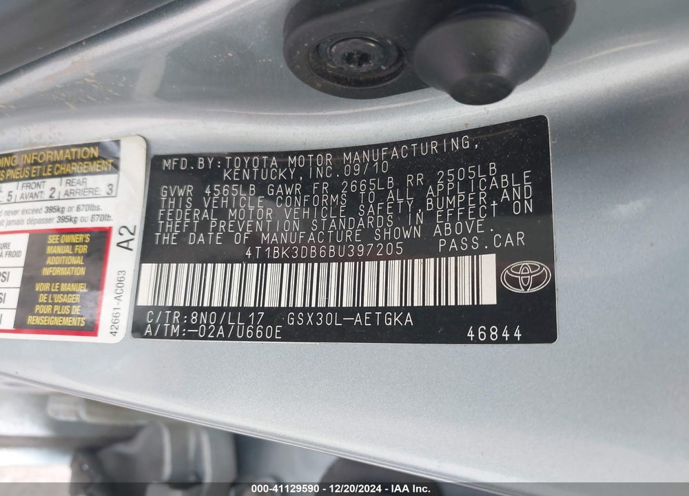 2011 TOYOTA AVALON VIN: 4T1BK3DB6BU397205