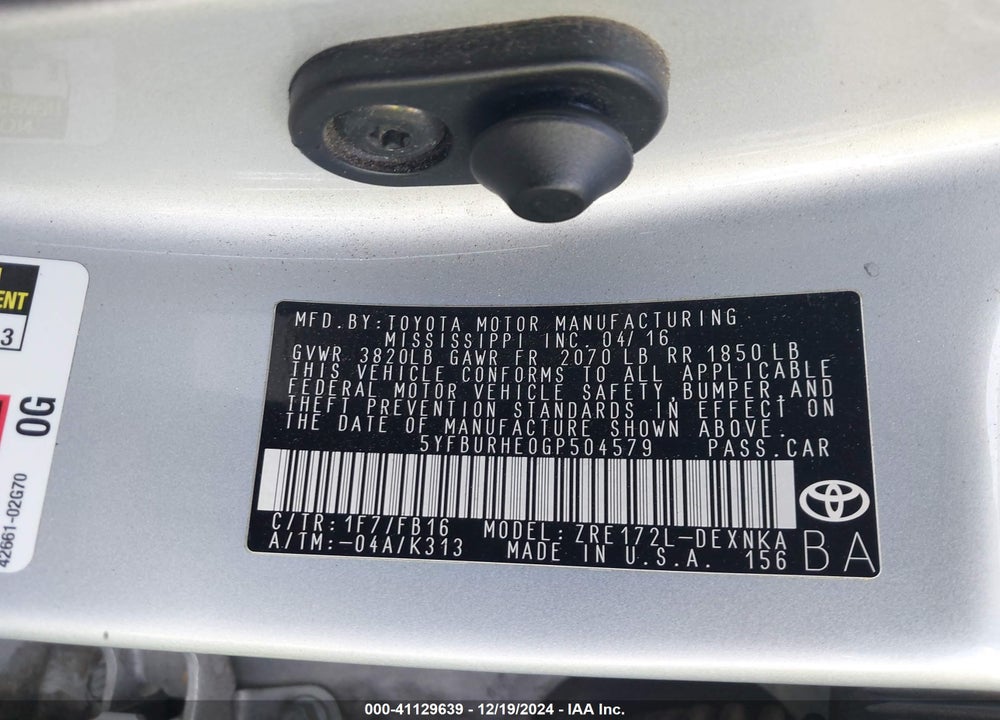 2016 TOYOTA COROLLA LE VIN: 5YFBURHE0GP504579