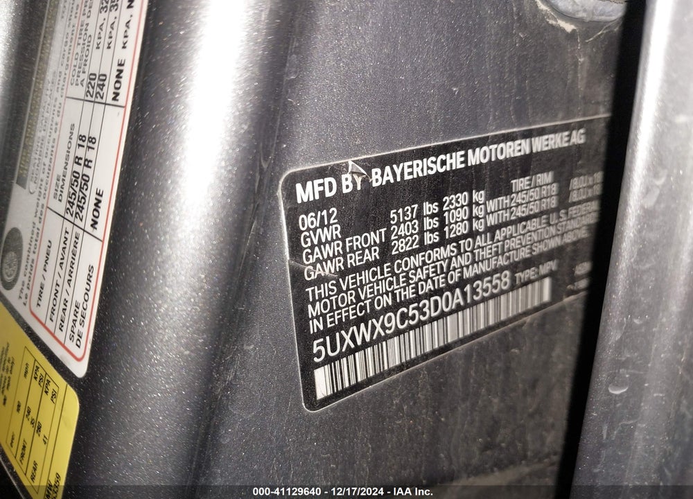 2013 BMW X3 XDRIVE28I VIN: 5UXWX9C53D0A13558