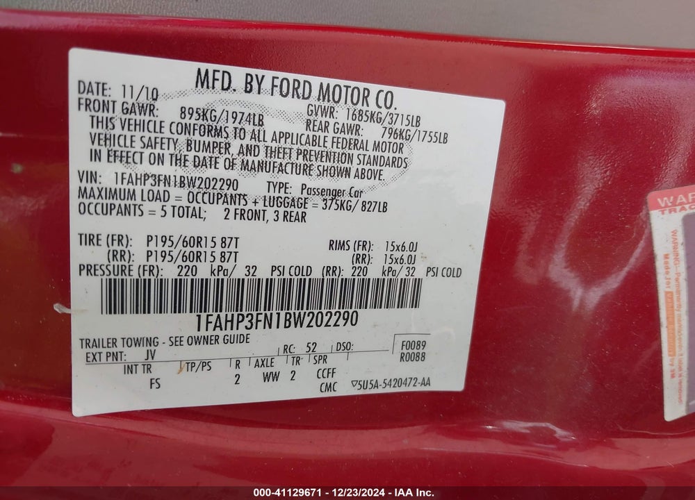 2011 FORD FOCUS SE VIN: 1FAHP3FN1BW202290