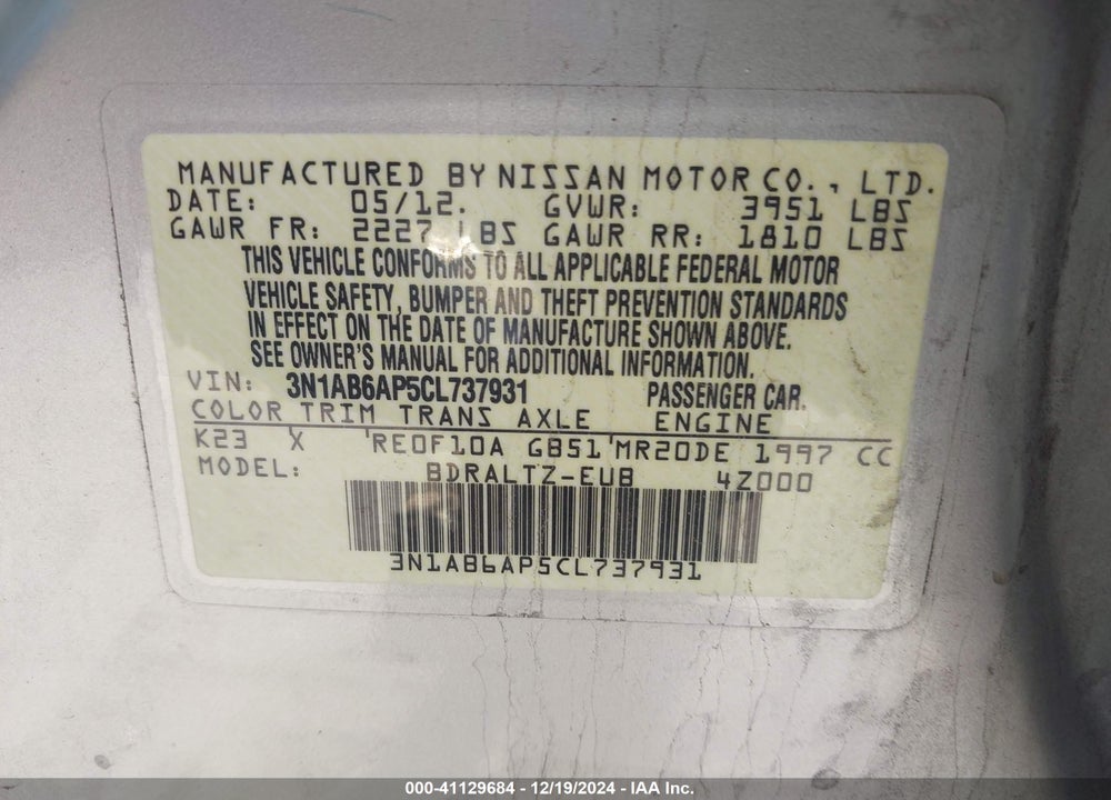 2012 NISSAN SENTRA 2.0 SR VIN: 3N1AB6AP5CL737931