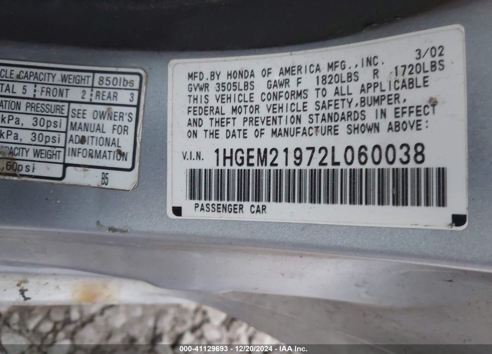 2002 HONDA CIVIC EX VIN: 1HGEM21972L060038