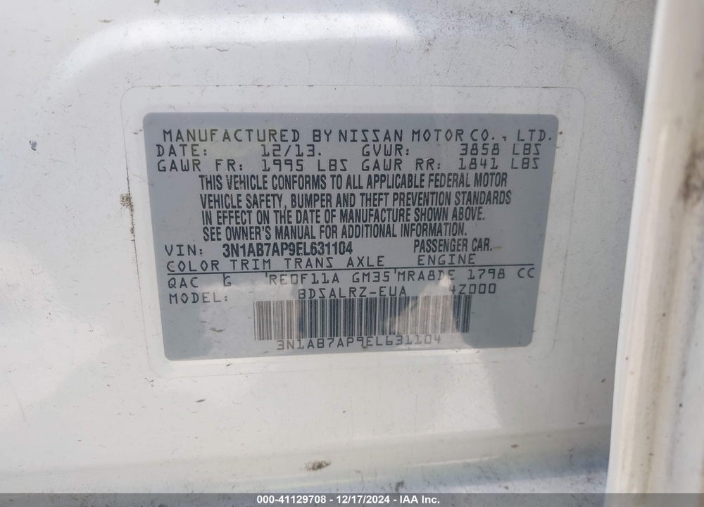 2014 NISSAN SENTRA SR VIN: 3N1AB7AP9EL631104