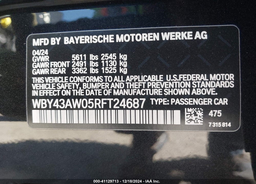 2024 BMW I4 VIN: WBY43AW05RFT24687