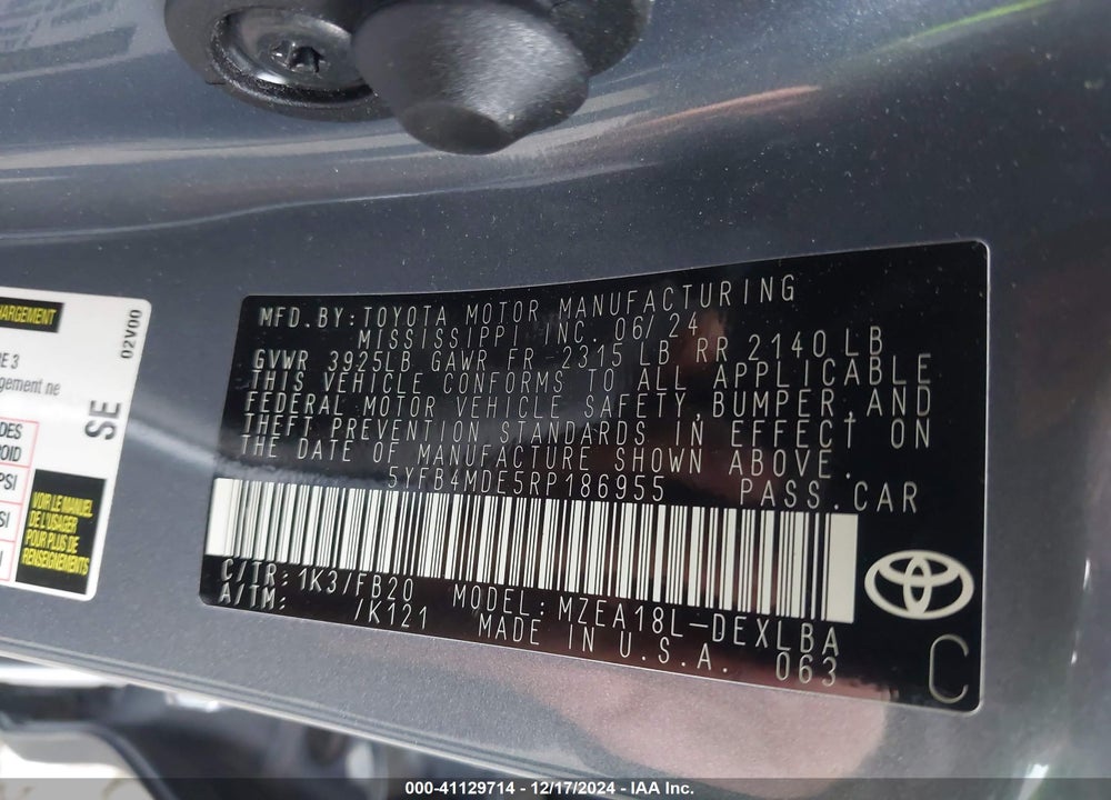 2024 TOYOTA COROLLA LE VIN: 5YFB4MDE5RP186955